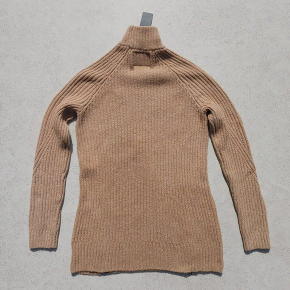 NWT ABERCROMBIE & FITCH Camel Beige Mock Neck Ribbed Wool Blend Zip Sweater. M - Picture 2 of 7